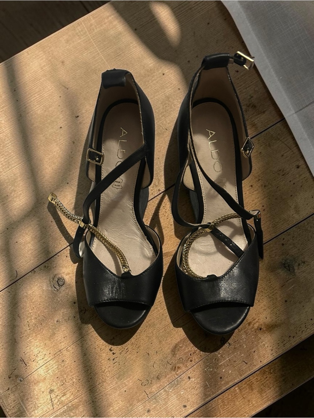 ALDO Black Peep-Toe Heels with Gold Chain Strap